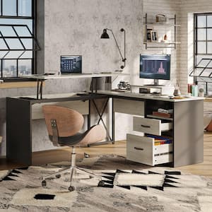 55.7 in. Retro Grey Oak Light 2 Drawer L-Shaped Computer Desk with Lift-Top