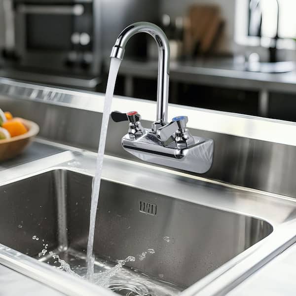 Commercial Double Handle Wall Mounted Standard Kitchen Faucet with 360° Swivel Spout in Polished Chrome