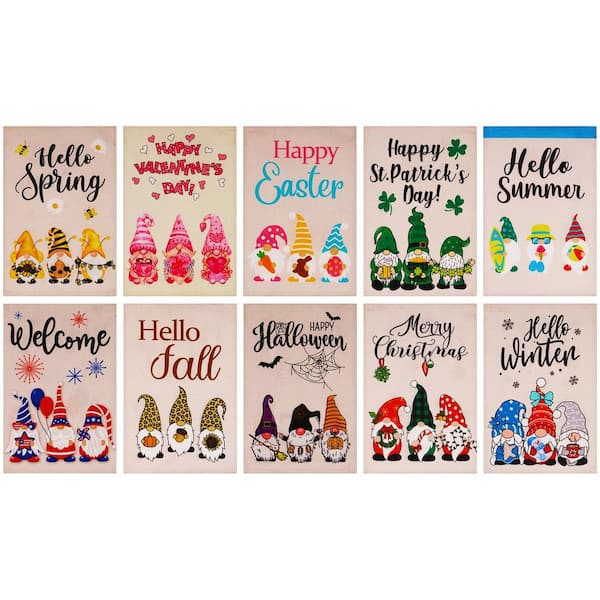 G128 1 ft. x 1.5 ft. Burlap Seasonal Gnomes Holiday Set 10-Pieces 2-Sided Garden Flag