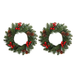 11 in. Green Unlit Adjustable Classic Artificial Christmas Wreath Candle Ring with Red Berries and Pine Cones (2-Pack)