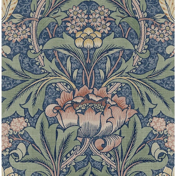 Denim Blue and Salmon Acanthus Floral Prepasted Wallpaper Roll 56 sq. ft.