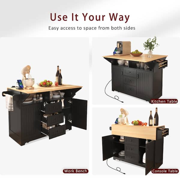 New Black Wood 55.7 in. Kitchen Island with Pull Out Cabinet