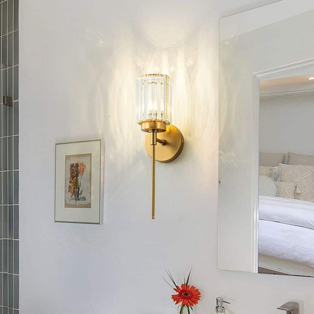 Kira 5.1 in. 1-Light Brushed Gold Dimmable Crystal Bathroom Vanity Light with Cylinder Shade price history on PriceWatchPro