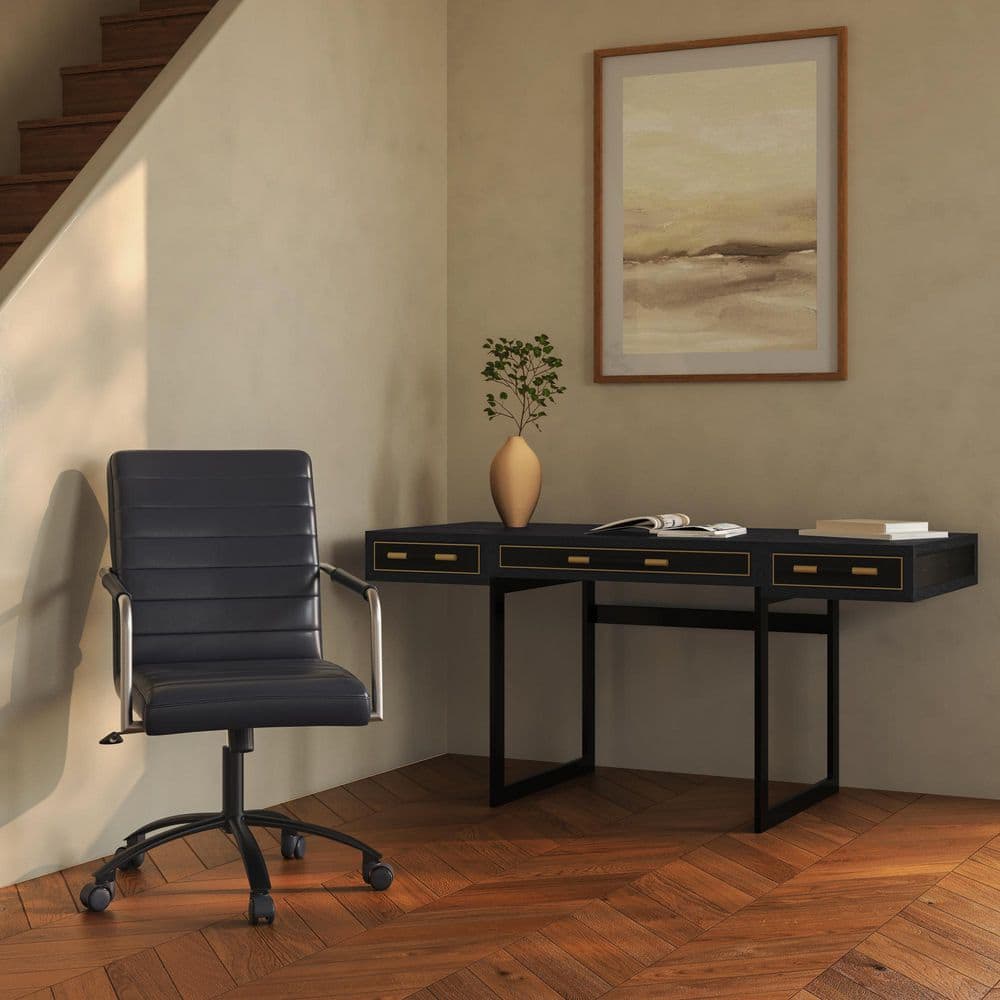 Vaughn 63 in. Rectangular Black Solid Oak 3-Drawer Desk with Vegan Shagreen Upholstery and Brass Detailing