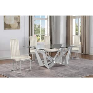 Rae 5-Piece Rectangular Glass Top Stainless Steel Base Dining Set With 4 Cream Velvet Chrome Iron Legs Chairs