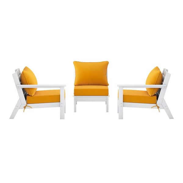 WESTIN OUTDOOR Birchwood White Arrangeable 3-Piece HDPE Deep Seating Outdoor Patio Conversation Sofa Arm Chair Set w/ Yellow Cushions