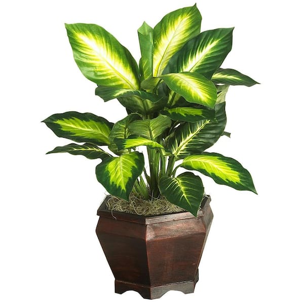 Nearly Natural 20 in. Artificial Golden Dieffenbachia Silk Plant with Wood Vase