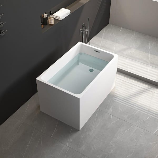 43 in. x 27.5 in. Acrylic Soaking Freestanding Rectangle Bathtub with Seat and Chrome Drain in Glossy White
