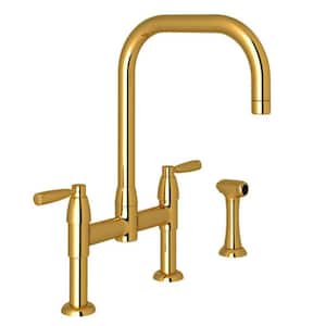 Holborn Double Handle Bridge Kitchen Faucet with Side Spray and Handles in Unlacquered Brass