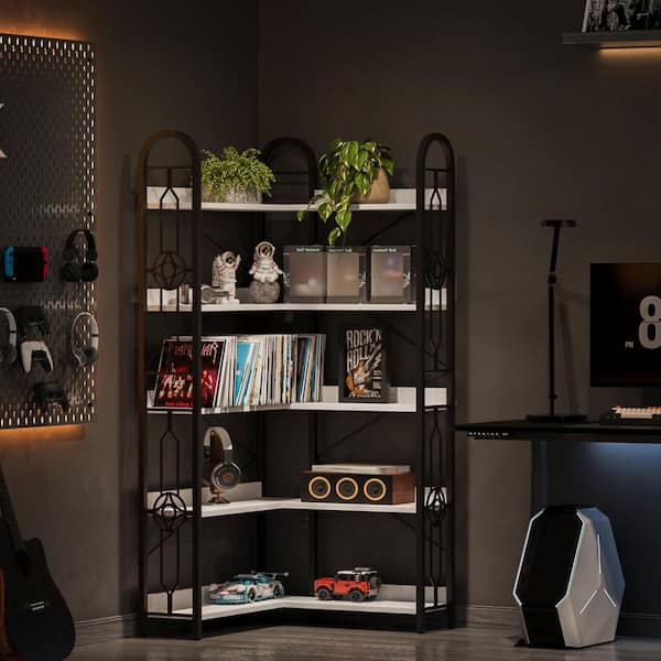 Industrial Series 5-Tier Thickened Iron Frame Corner Bookshelf in White (33 in. W x 72 in. H x 33 in. D)