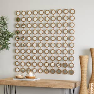 40 in. x 40 in. Square Framed Gold Geometric Wall Mirror with Grid Pattern