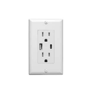 15 Amp Type A and Type C USB Charger Duplex Tamper-Resistant Outlet with Wall Plate Included, White