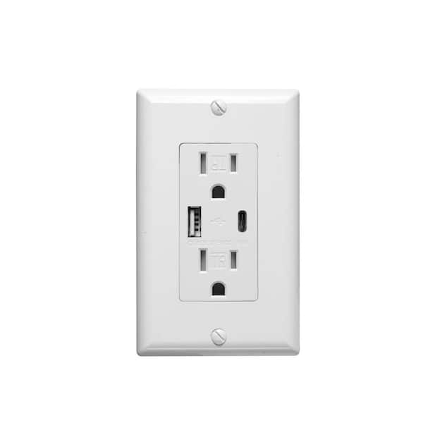 15 Amp Type A and Type C USB Charger Duplex Tamper-Resistant Outlet with Wall Plate Included, White