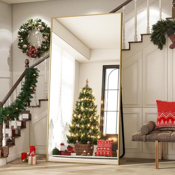 XRAMFY 34 in. W x 76 in. H Rectangular Classic Gold Aluminum Alloy Framed Full Length Mirror Standing Floor Mirror