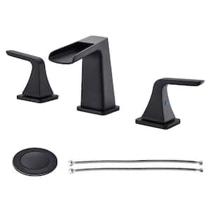 Pome 8 in. Widespread Double Handle Waterfall Spout Bathroom Faucet with Drain kit Included in Matte Black