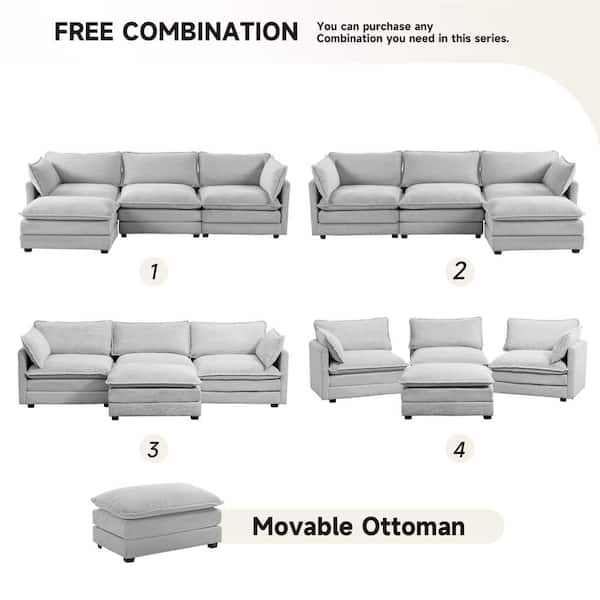 112 in. W 4-Piece Modern Fabric Sectional Sofa with Ottoman in Gray