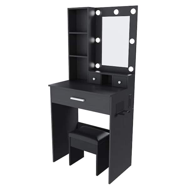2-Piece Black Vanity Table with Adjustable LED Lights, Power Outlet, Hairdryer Holder & Stool