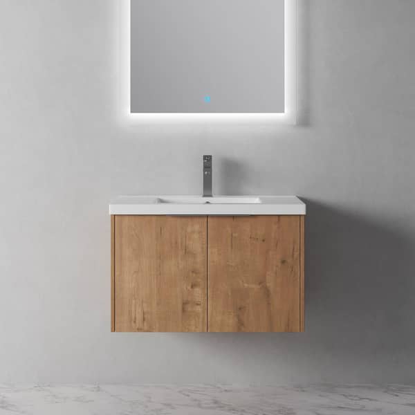 Unbranded 30 in. W x 18 in. D x 20 in. H Single Sink Wall Mounted Bath Vanity in Imitative Oak with White Cultured Marble Top