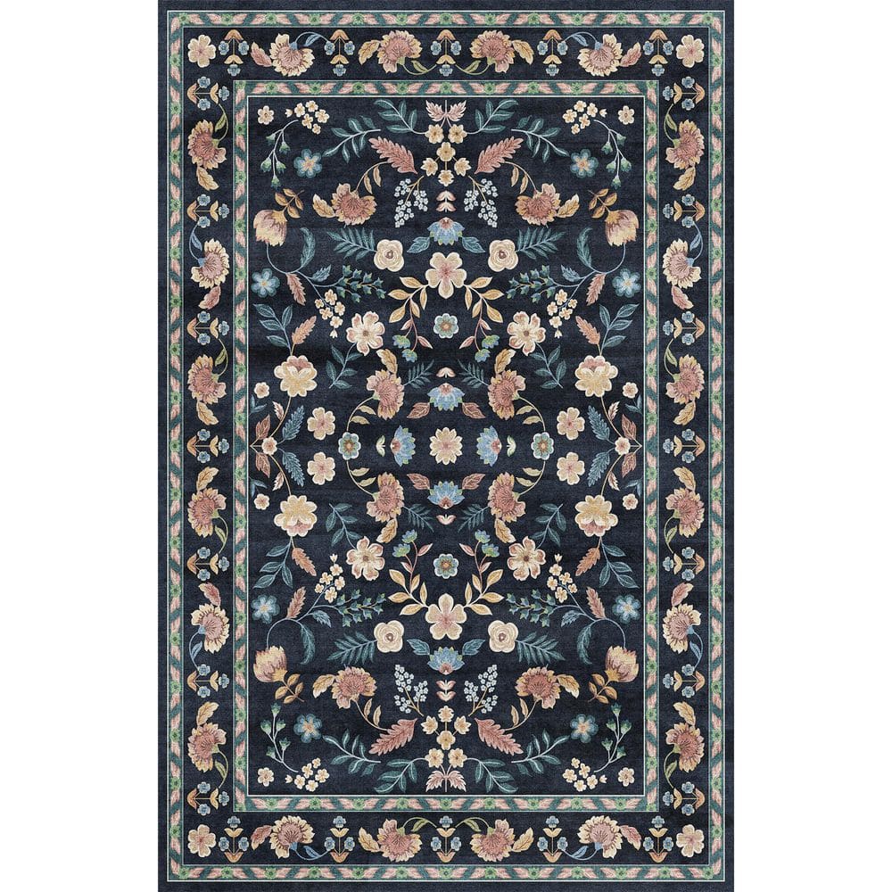 HaiiMeid Blossom Navy Blue 5 ft. x 7 ft. Floral Washable Area Rug