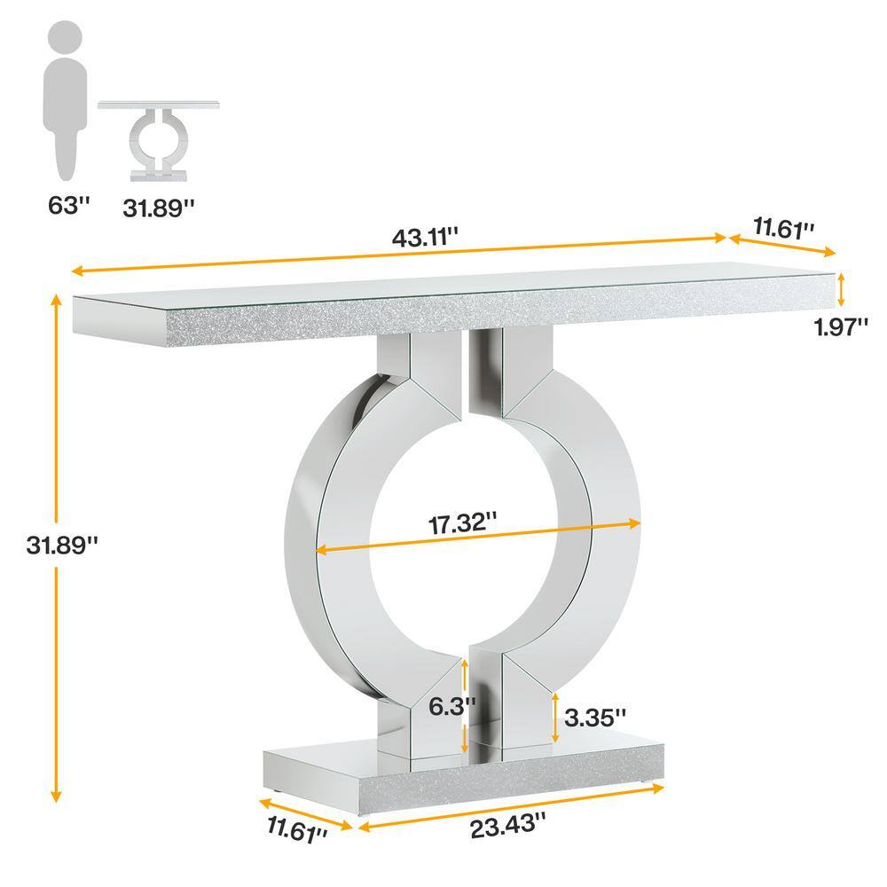 Silver Mirrored Glass Console Table with O-Shaped Base