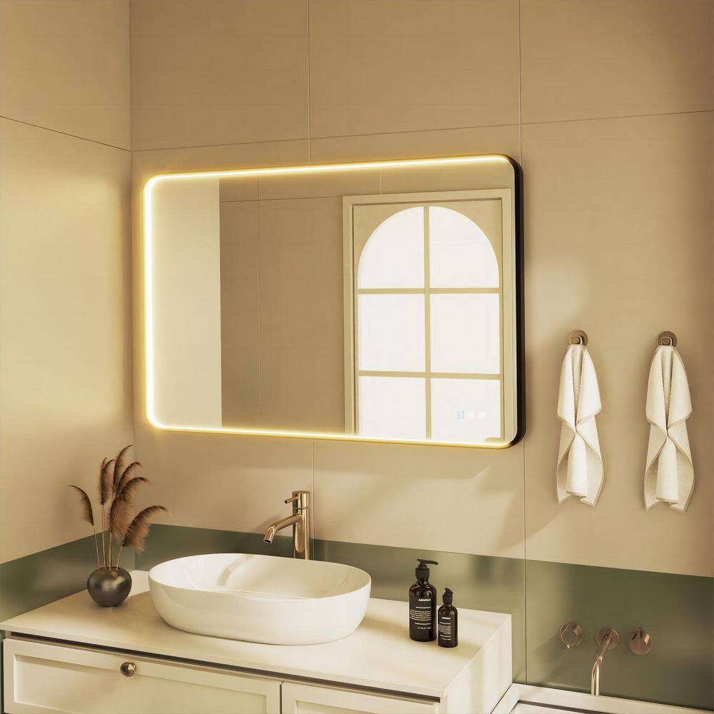 Framed Light 48 in. W x 32 in. H Rectangular Aluminum Framed Anti-Fog LED Bathroom Makeup Wall Mirror in Black price history on PriceWatchPro
