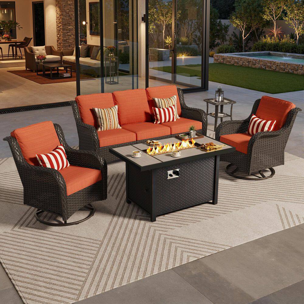 Garnet 5-Piece Brown Wicker Outdoor Fire Pit Patio Conversation Sofa Set with Swivel Chairs and Orange Red Cushions price history on PriceWatchPro