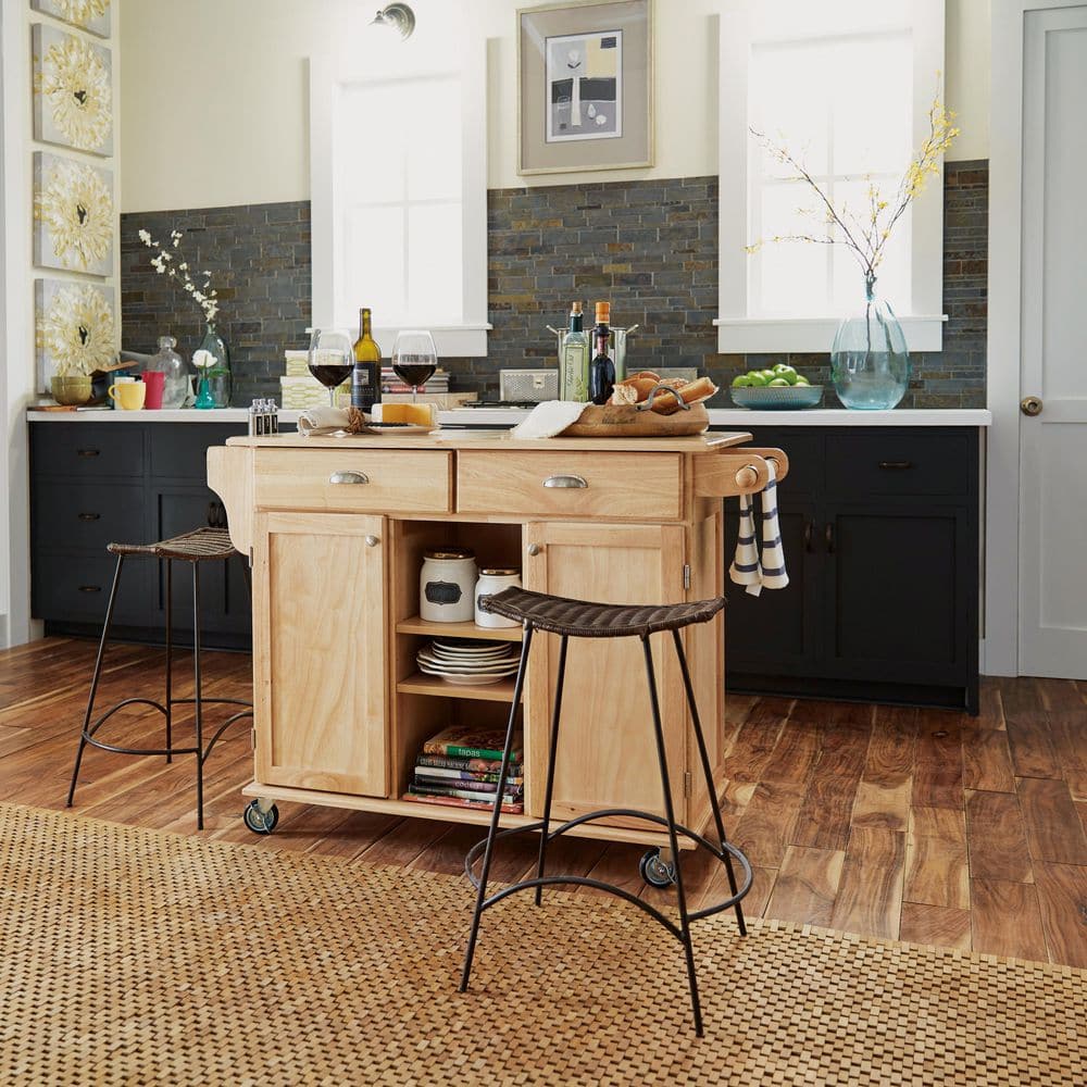 Natural Wood Kitchen Cart with Wine and Spice Rack