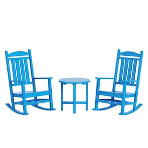 Laguna 3-Piece Classic Outdoor Patio Fade Resistant Plastic Rocking Chairs and Round  Side Table Set in Pacific Blue