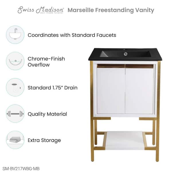 Marseille 24 in. W Bathroom Vanity in White with Black Ceramic Sink Top