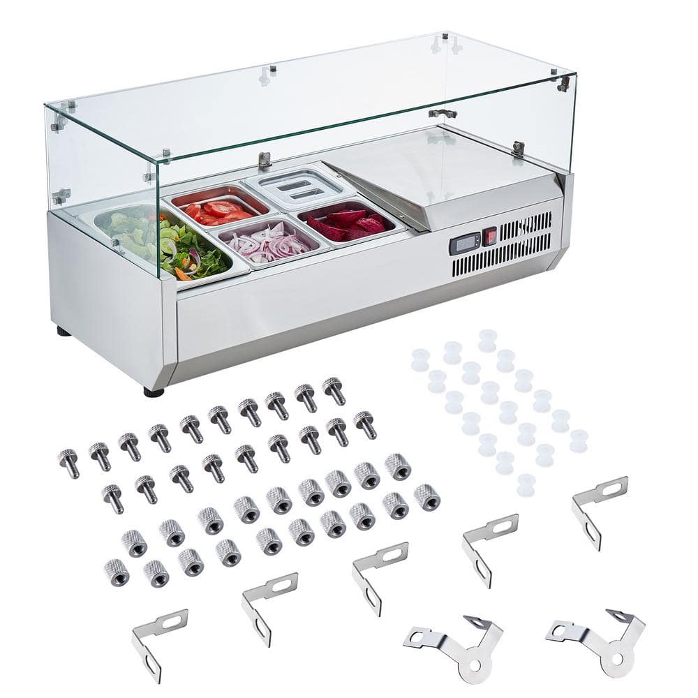 Refrigerated Condiment Prep Station 130 W Countertop Unit, 1 1/3 Pan and 4 1/6 Pans, 304 Stainless Steel Body and PC Lid