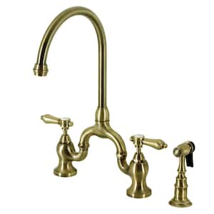 Heirloom Double-Handle Deck Mount Bridge Kitchen Faucet with Brass Sprayer in Antique Brass