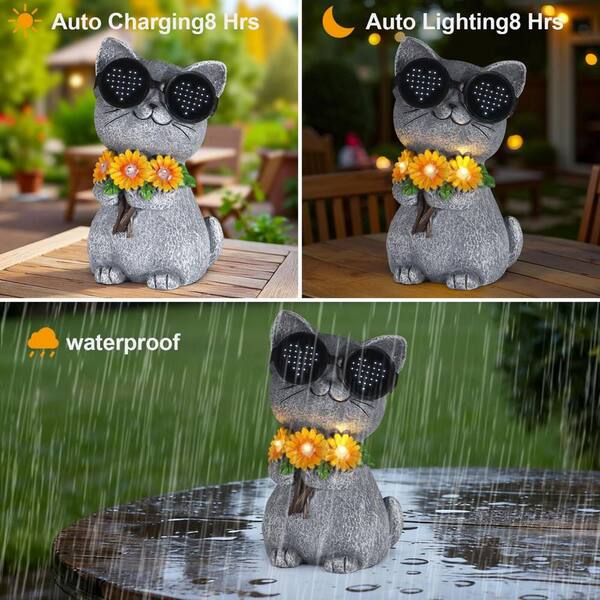 4 in. x 7 in. Gray Resin Solar Garden Statue Cat with Daisy and