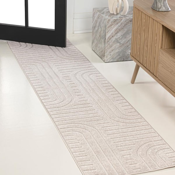 Anders High-Low MidCentury Modern Arch Stripe 2-Tone White/Cream 2 ft. x 8 ft. Indoor/Outdoor Runner Rug