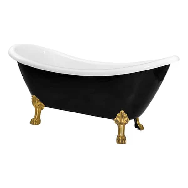 castellousa Daphne 59.05 in. x 28.34 in. Black and White Acrylic Soaking Clawfoot Bathtub with Center Drain And Gold Feet