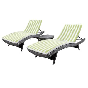 Miller Multi-Brown 3-Piece Faux Rattan Outdoor Chaise Lounge and Table Set with Green/ White Stripe Cushions