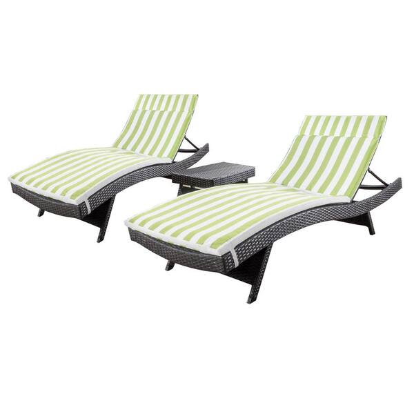 Noble House Miller Multi-Brown 3-Piece Faux Rattan Outdoor Chaise Lounge and Table Set with Green/ White Stripe Cushions