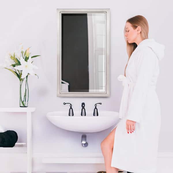 16 in. W x 26 in. H x 5 in. D Classic Framed Single Door Recessed Bathroom Medicine Cabinet in Brush Nickel and Chrome 16 in. W x 26 in. H x 5 in. D Classic Framed Single Door Recessed Bathroom Medicine Cabinet in Brush Nickel and Chrome