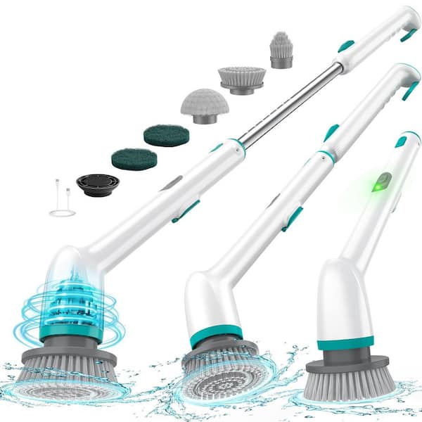 Electric Spin Scrubber Scrub Brush Waterproof Bathroom Cleaner with Long Handle, 2 Speed, 5 Brush Heads, Green and White