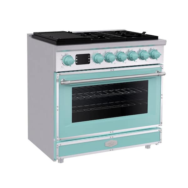 36 in. Freestanding Gas Range with 6 Sealed Burners and 5.2 cu. ft. Convection Oven, in Powder Blue with Stainless Steel