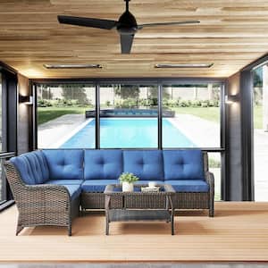 Carolina 5-Piece Brown Wicker Outdoor Patio Sectional Sofa Set with Blue Cushions and Coffee Table
