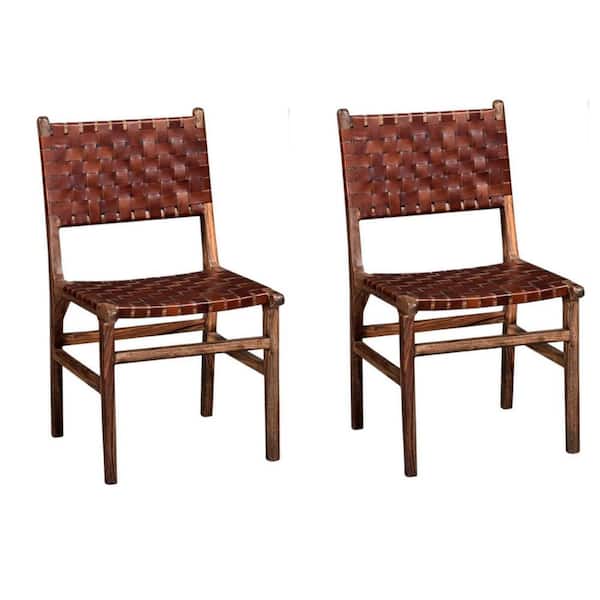 Benjara Brown Leather Woven Back Dining Chairs (set of 2)