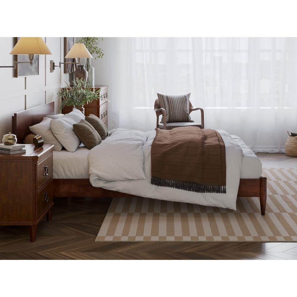 Aria Queen Walnut Wood Low Profile Platform Bed with Headboard