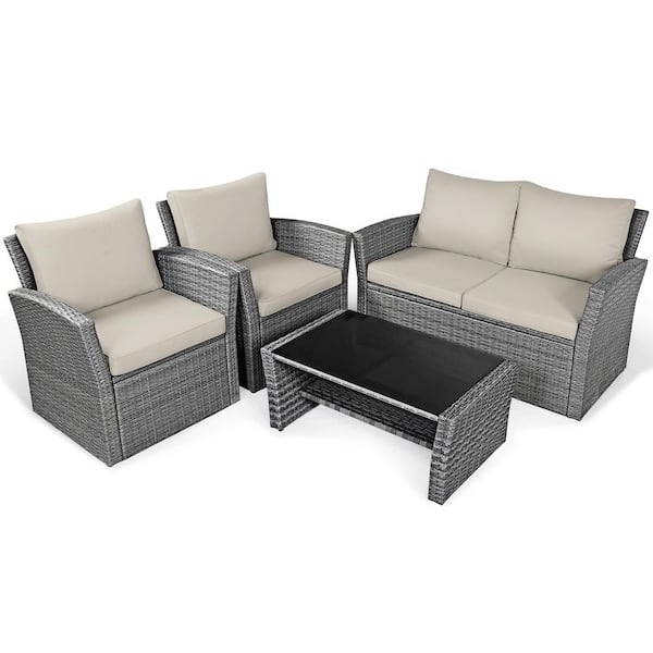 SUNRINX 4-Pieces Patio Rattan Furniture Set Sofa Table with Storage Shelf Cushion-Khaki