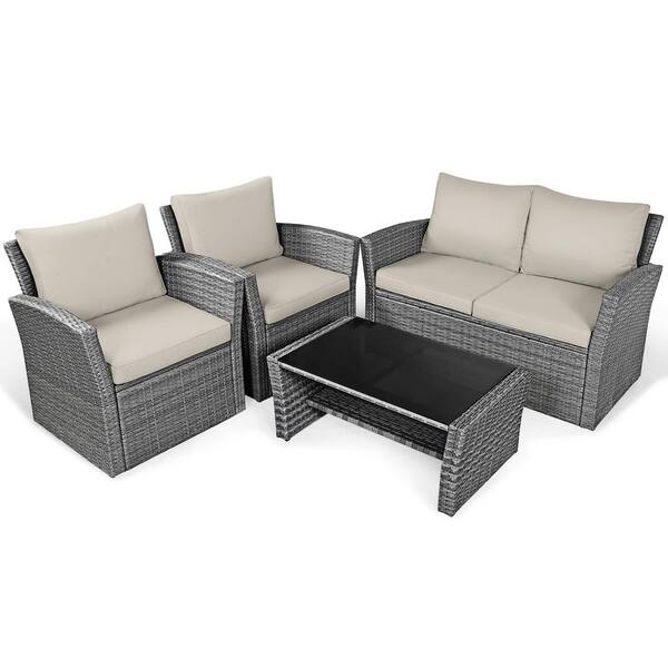 SUNRINX 4-Pieces Patio Rattan Furniture Set Sofa Table with Storage ...