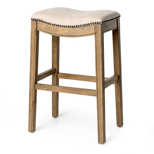 MAVEN LANE 31 in. H Cream Backless Wood with Nailhead Trim, Saddle Bar Stool with Foam Seat