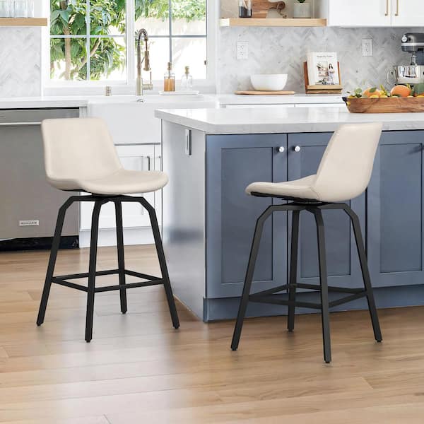 LUE BONA Dennis 37 in. Faux Leather Bar Stools Metal Frame With Upholstered Swivel Counter Height Bar Stools in Ivory (Set of 2)
