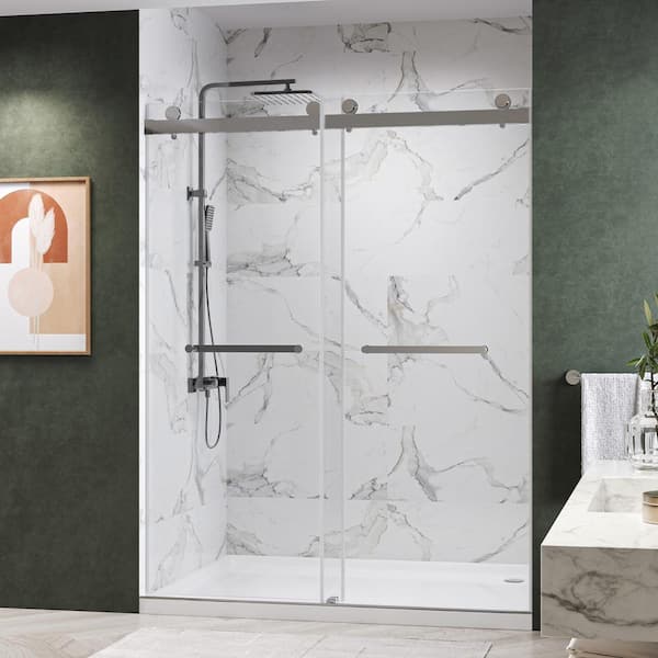 Kobiworks Catalyst-Plus 48 in. W x 76 in. H Sliding Frameless Shower Door in Chrome with Soft Closing and 3/8 in. Clear Glass