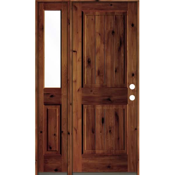 Krosswood Doors Rustic Knotty Alder 44 in. x 80 in. Left-Hand/Inswing Clear Glass Red Chestnut Stain Wood Prehung Front Door w/Sidelite