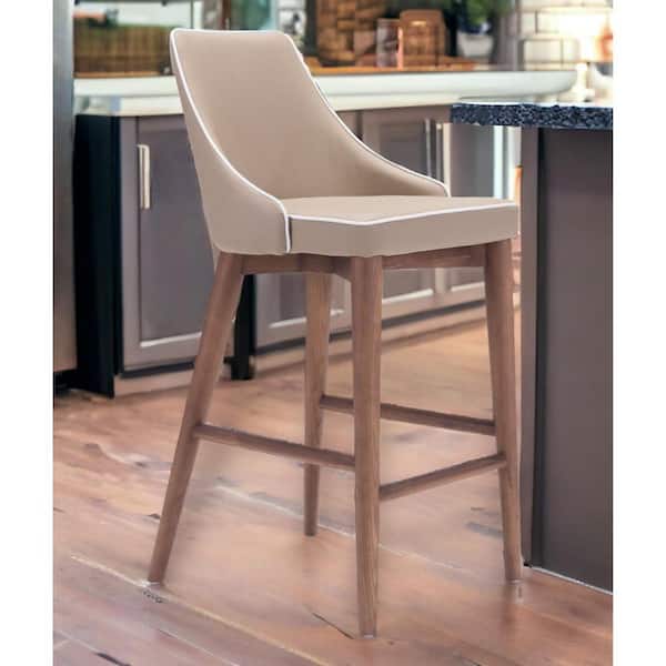 HomeRoots 26 in. Beige Low Back Wood Counter Height Bar Chair with Upholstery Seat