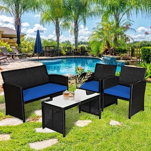 4PCS Rattan Outdoor Conversation Set Patio Furniture Set w/Navy Cushions